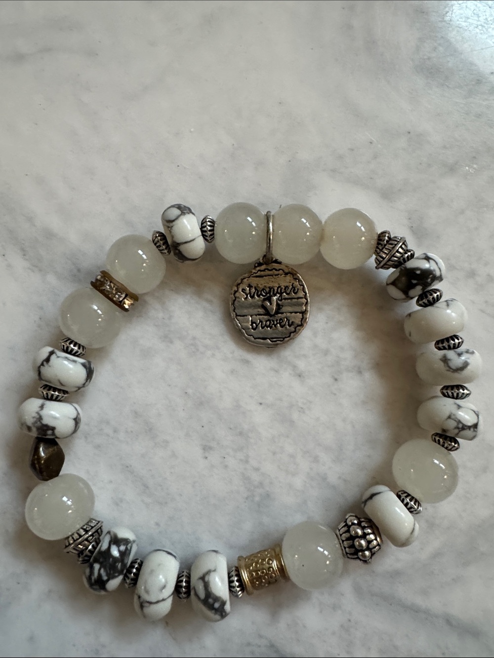 White Marble & Silver 'Stronger Braver' Charm Stretch Bracelet
